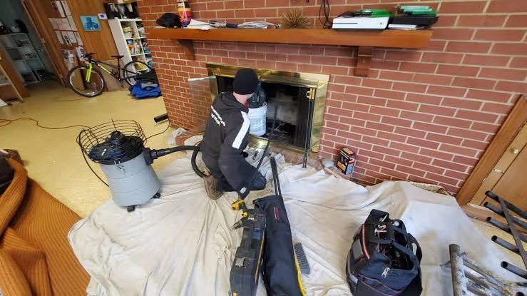 Protected living room floor during brick fireplace cleaning