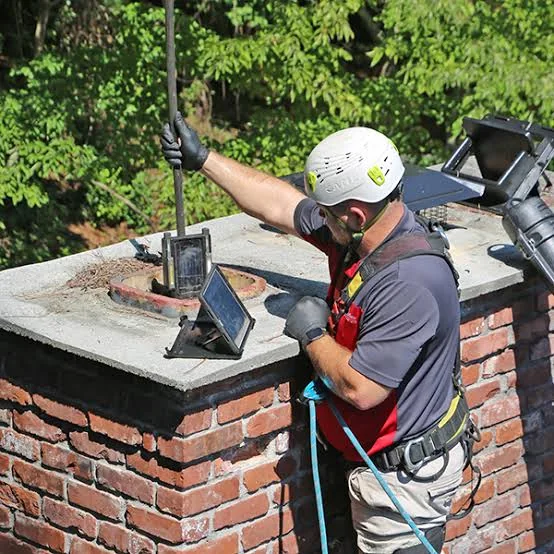 Roof technician using a camera screen to inspect a chimney flue